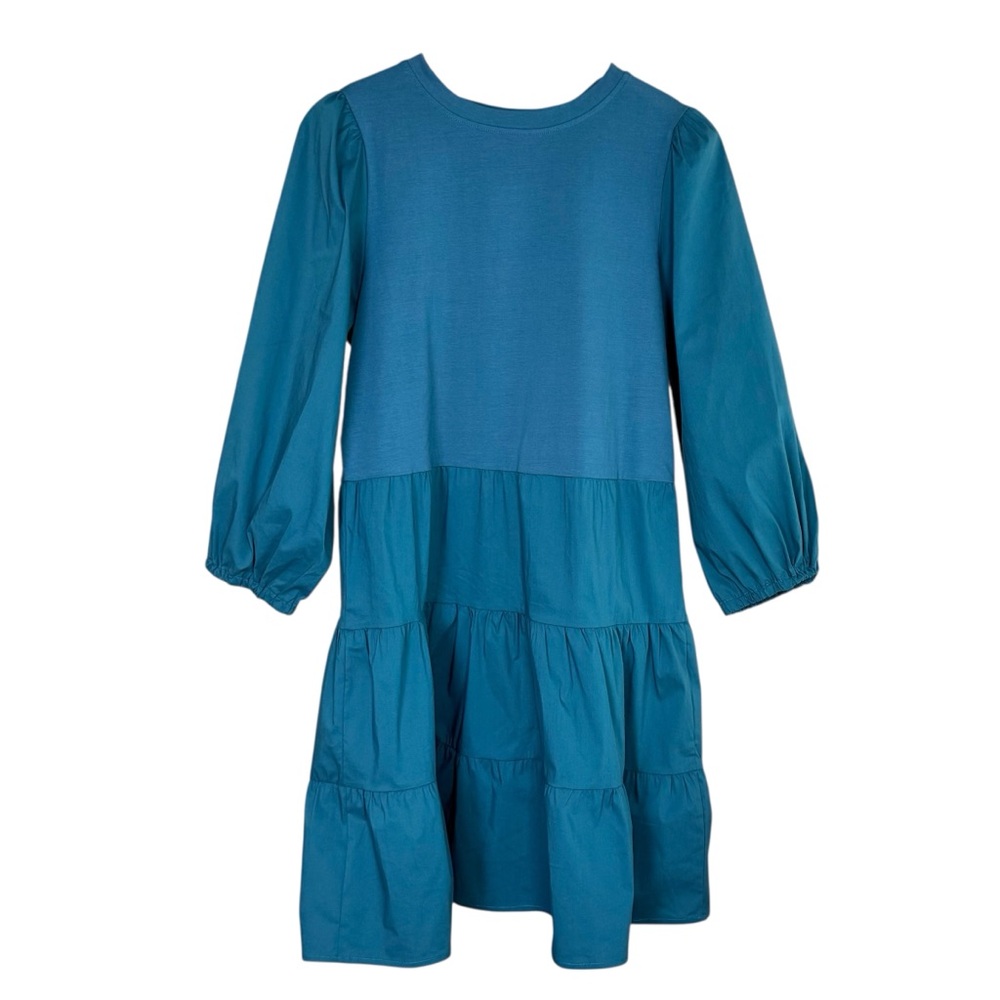 Taylor Tillman NWT Tiered Mini Dress Teal Blue Cotton Stretch Medium